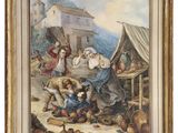 an image of a painting of a family outside a house