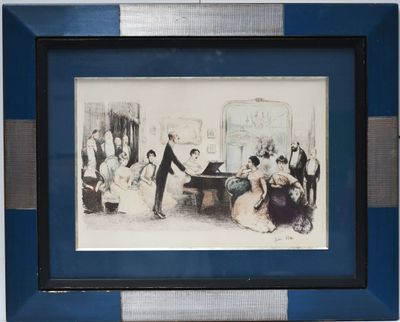 painting of a group of people in a living room with a piano