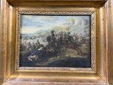 un vieux tableau représentant une scène militaire avec un homme à cheval