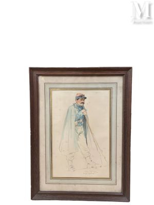 tableau représentant une femme en robe bleue, coiffée d'un chapeau et portant une cape