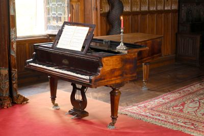 un piano à queue dans une pièce aux murs lambrissés