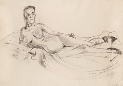 drawing of a woman laying on a bed with her legs crossed