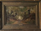 an oil painting of a man walking down a path in a wooded area