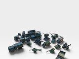a lot of toy military vehicles on a white surface