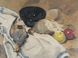 une peinture représentant un bol de fruits posé sur une serviette