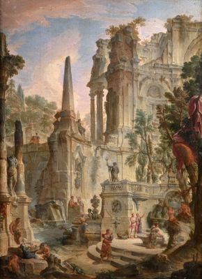 an image of a painting of a city with a fountain in the foreground