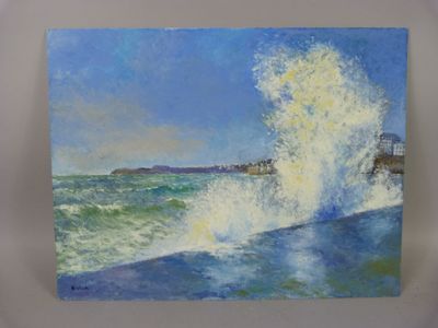 an oil painting of a crashing wave on the beach