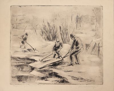 dessin représentant un groupe d'hommes travaillant sur un bateau à l'eau
