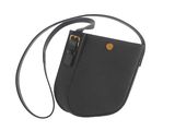 a black purse with a leather strap and a gold buckle