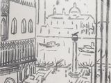 dessin représentant une vue d'une ville avec une tour horloge au loin