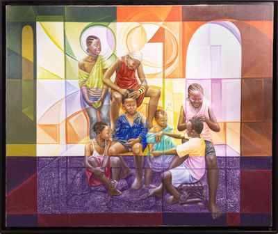 a painting of a group of people sitting on a couch