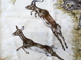 three deer and a cheetah running in the grass