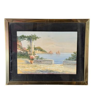 peinture à l'huile encadrée représentant une scène de plage avec des voiliers au loin