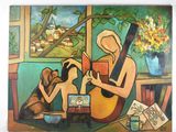 tableau représentant une femme jouant de la guitare et un chien assis sur une table