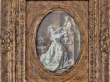 une image représentant un tableau où figurent une femme et un enfant, dans un cadre doré