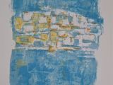 une peinture abstraite composée de carrés bleus et jaunes sur fond blanc