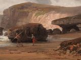 a painting of two men on a beach with a rock in the background