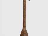 an old wooden pipe with a wooden handle on a white background