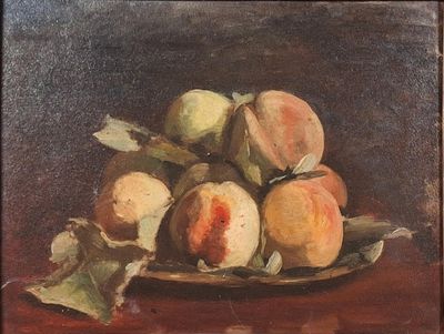 a painting of a plate of peaches on a table