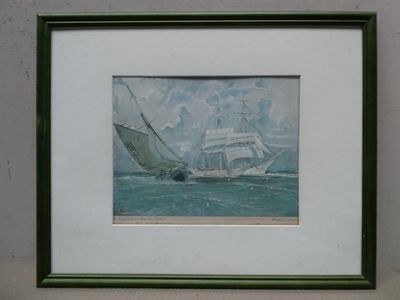 painting of a sailing ship in the ocean with a sky background