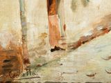 a painting of a woman walking down the street