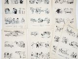 une série de six dessins en noir et blanc représentant des personnes et des animaux