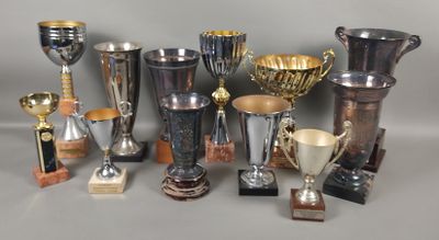 tout un tas de trophées posés sur une table