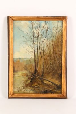 an oil painting of a river with trees in the background