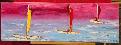 tableau représentant trois voiliers en mer, aux voiles rouges