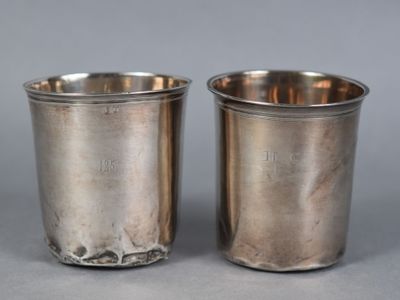 pair of antique silverplated cups with initials on each side
