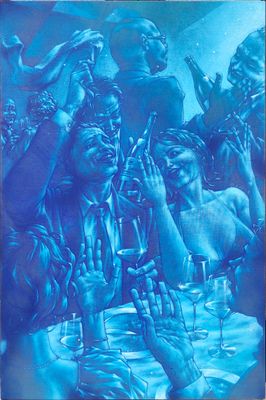 a painting of a group of people sitting at a table with drinks