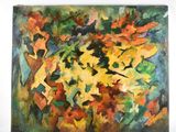 un tableau représentant un vase rempli de fleurs colorées posé sur une table