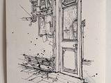 un dessin en noir et blanc représentant une porte et un banc