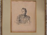 an old drawing of a woman sitting in front of a white wall