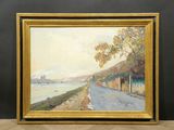 an oil painting of a road by a body of water