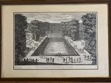 an old picture of a water fountain in a park with people walking around it