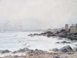 a painting of a view of a beach with a castle in the background