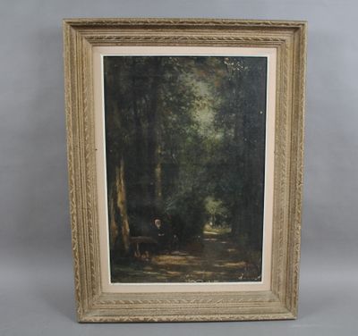 an image of a painting of a man sitting on a bench in a wooded area