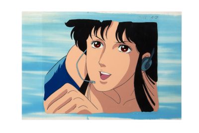 an anime picture of a woman with headphones in the water