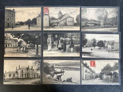 several old black and white photos of people in front of a building