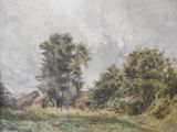 a painting of cows grazing in a field by a stream
