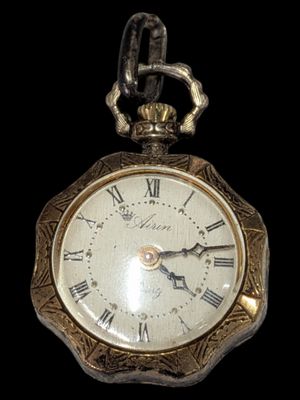 a gold pocket watch with roman numerals on the face