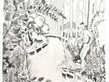 a black and white drawing of a bench in a garden