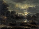 an image of a painting of a river scene with a boat in the foreground