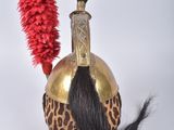 a gold helmet with a red feather on top of it