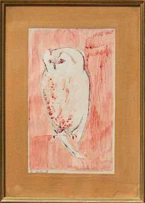 an image of a painting of a white owl on a pink background