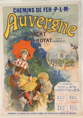 an old poster advertising the french city of auvergne, with a woman riding on a horse