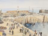 a painting of people walking on a pier by the water