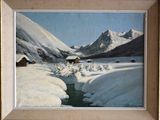 painting of a mountain scene with a stream in the foreground