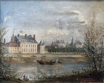 a painting of a boat on the water in front of a building